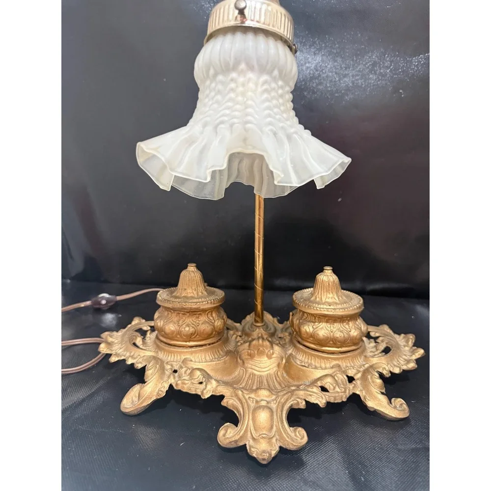 Vintage Brite Metal Ornate Brass Desk Lamp with Dual Inkwell Frosted Glass Tulip